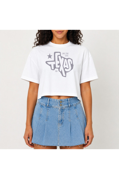 URBANTRENDSTORE Crop T-shirt Λευκό με στάμπα Texas, Άνετη Γραμμή, Απλό Κοντό ...