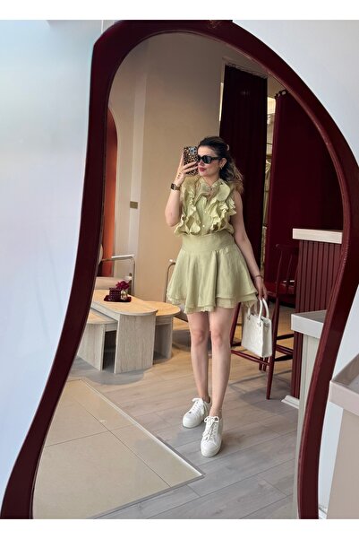 Butik ŞORTETEK Çağla yeşili tül keten beli nervürlü fırfır pileli mini etek ş...