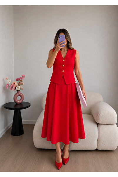 Ekim Store Gold Buttoned Vest Skirt Double Blazer Suit