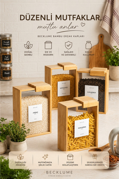 Becklume Set of 4 Bamboo Storage Containers with Labels |   Pulses and Food S...