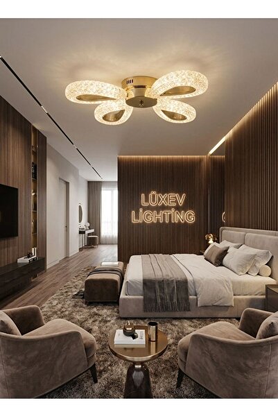 Lüxev Lighting Yağmur Model 4"lü Gold 3 Renk Modu Ledli Modern Plafonyer Salo...