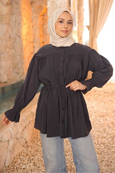İmajButik Anthracite Buttoned Sleeve Elastic Waist Drawstring Modal Woven Shirt