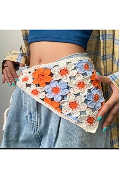 synshop Cream Orange Blue Knitted Sunflower Patterned Triangle Waist Bandana ...