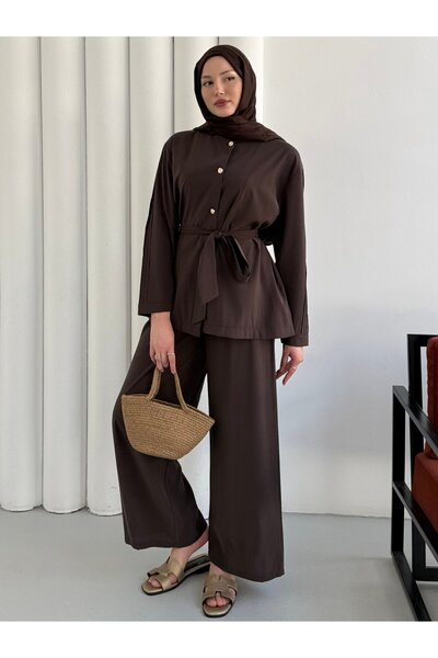 Modaensarbutik Kolları Nervül Dikiş Detay Pantolon Tesettür Takım-KAHVERENGİ
