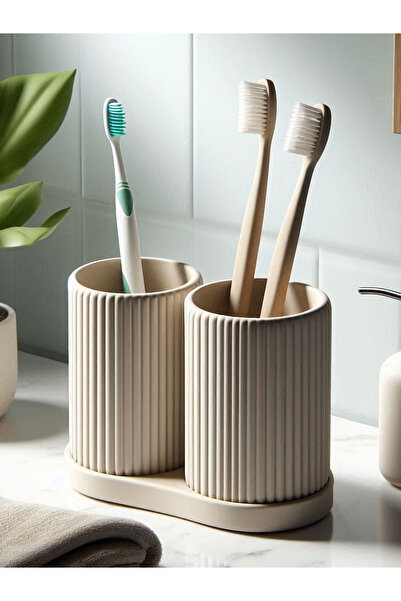 YILDIZ Modern Striped Double Toothbrush Holder and Makeup Brush Organizer Set...
