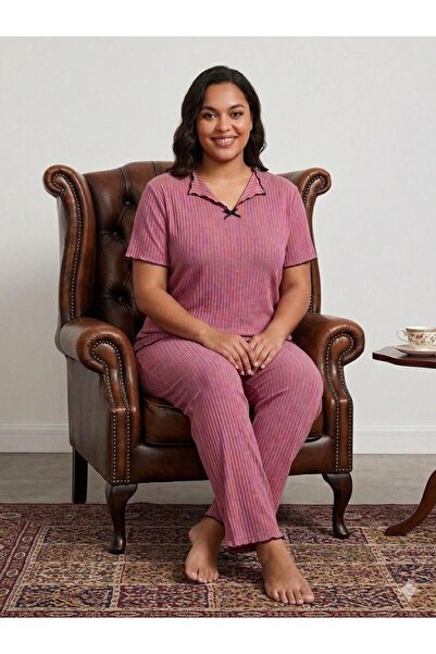 FAMES PİJAMA Summer Women's Powder Ribbed Pajama Set