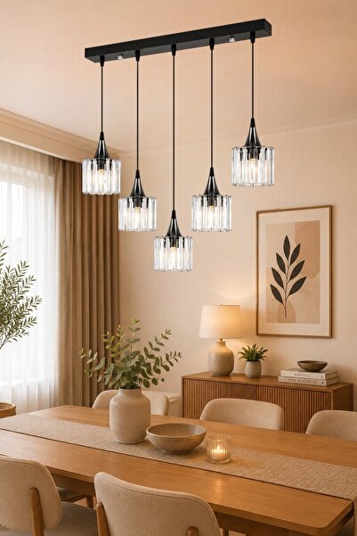 ESSLİGHT Ezgi 5’li Sıralı Kristal Taşlı Salon Mutfak Yatak Odası Avize