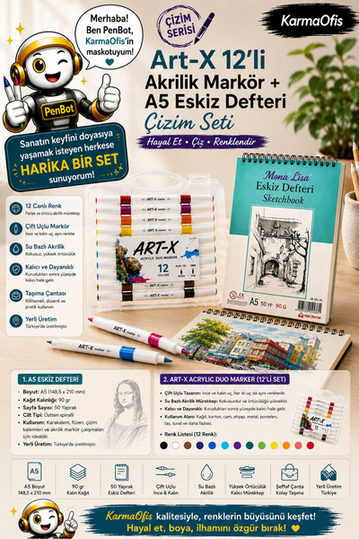 KarmaOfis Art-X 12’li Akrilik Markör ve A5 90 gr Eskiz Defteri Çizim Seti Çif...