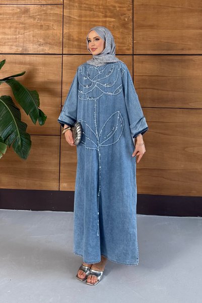 Miss Allos Women's Embroidered Bat Sleeve Denim Dress
