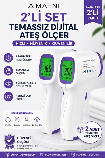Maeni 2’li Set Dijital Temassız Ateş Ölçer Alından Vucut Termometre