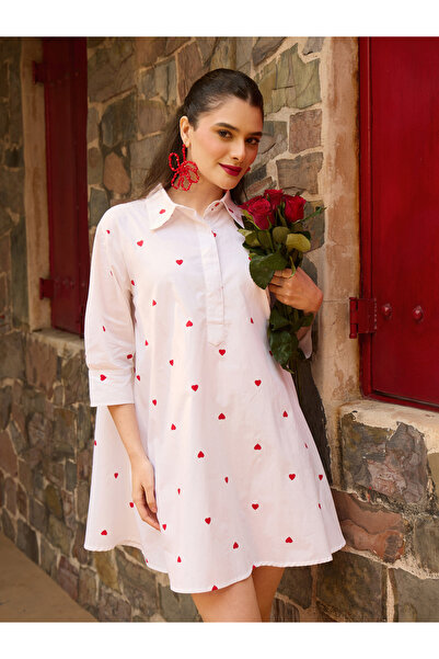 Sassafras By Styli White Heart Print Collar Neck Mini Dress