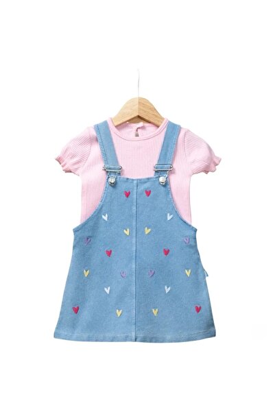 Baby Buu Kız Bebek Kalp Nakışlı Salopet Jile ve Kısa Kollu Tişört 2'li Takım ...