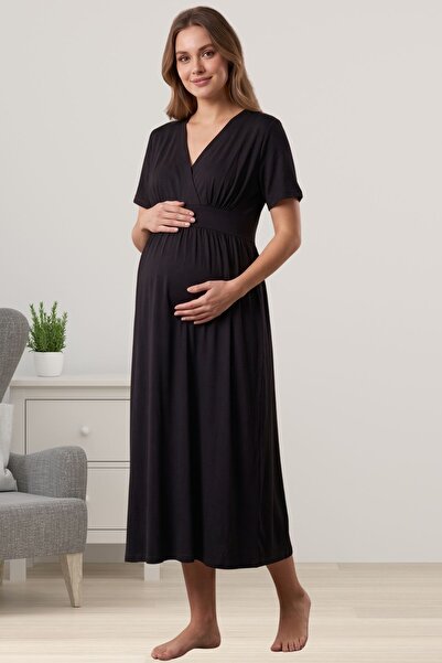 ByLohusa Short Sleeve Cotton Relaxed Fit Maternity Dress Effortt - Black