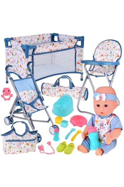 Ramiz Set Deluxe pentru papusi, Cu carucior, patut, scaun de masa si accesori...