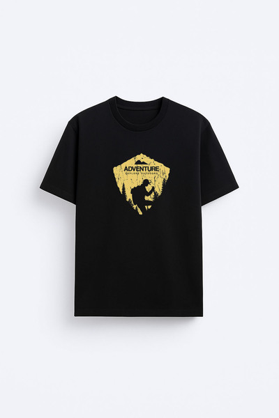 AYDESİGN Adventure Hiking Mountaineer Printed 100% Cotton Fabric Black T-Shir...