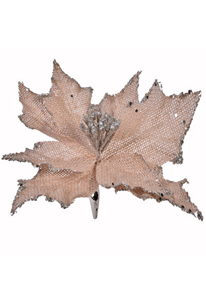 Zumzeria Floare decorativă de Crăciun bej argintiu cu sclipici și cleme 25cm