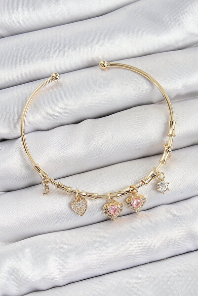 Genel Markalar Pirinç Zirkon Taşlı Pembe Kalp Model Gold Renk Charm Bileklik