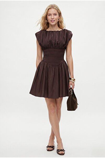 Ritnice Women's Evora Waist Corset Detail Back Elastic Woven Short Brown Dress