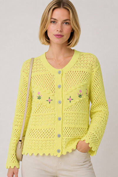 FERHEL Women's Floral Embroidered Front, Pompom Embossed Detail, Buttoned Kni...