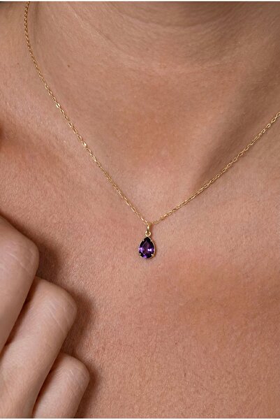 Minon Jewelry Ametist Damla Doğum Taşı Kolye - 925 Ayar Gümüş - 14K Altın Kap...