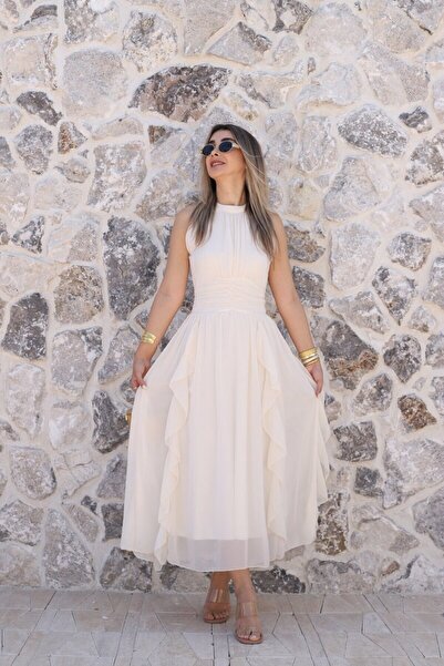 bytugcekaya Rochie din șifon bej, cu volane și șnur în față