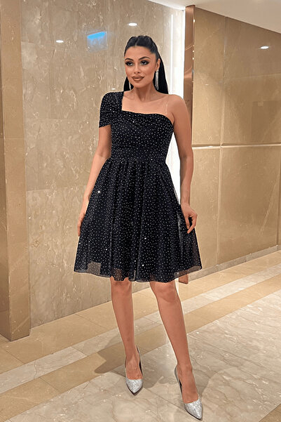 giyimmasalı Stoned Tulle Fabric Mini Dress with Drawstring Detail - Dark Blue