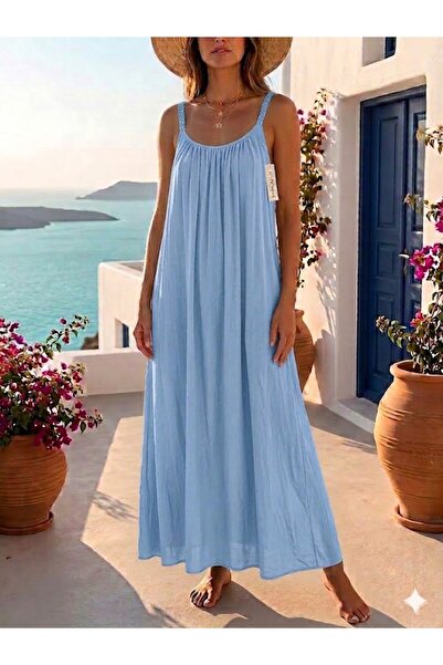 AYASOFYA OTANTIK Women's Italian Light Blue Strappy Long Lined 100% Viscose D...