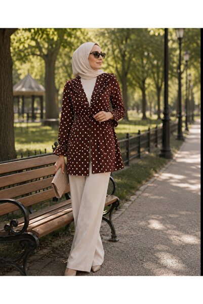 Budan Export Women's Polka Dot Long Sleeve Ruffle Detailed Ribbed Cardigan