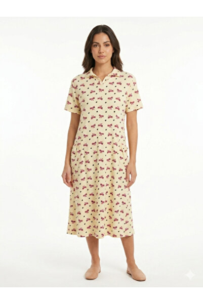 Topstar Midi Home Dress (Shirt) - Ribbed Cotton with Bow and Heart Pattern