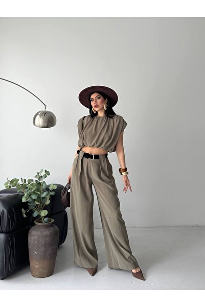 Bella Breeze Women's Padded Crop Blouse and Wide-Leg Pants Two-Piece Set