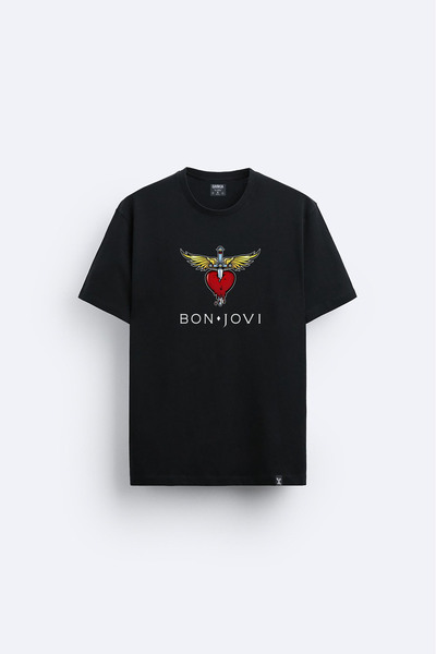 AYDESİGN Tricou negru cu imprimeu Bon Jovi, cu guler tip crew neck