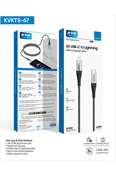 KVK TS LED Göstergeli USB-C to Lightning 27W Hızlı Şarj Kablosu | 3A | 0.30m ...