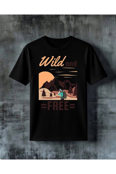 COMVİCHO تي شيرت مطبوع عليه عبارة wild free dag adventure مقاس كبير