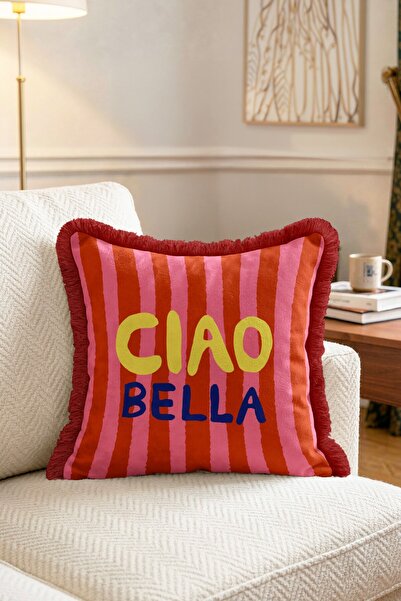 IdeCraft Ciao Bella Red Striped Fringed Throw Pillow Cover Burgundy Tasseled ...