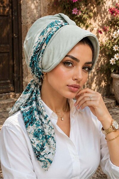 Aişe tesettür Apple Green Patterned Scarf Hat Bonnet
