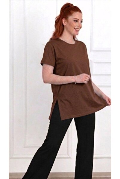 blackbonds kahve Iki Yandan Yırtmaçlı Basic T-shirt duble kol