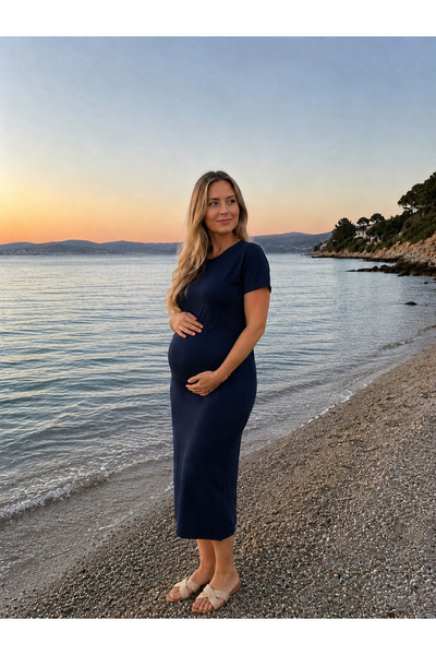 BayBayan Women's Textured Crepe Short Sleeve Flexible Maternity Dress