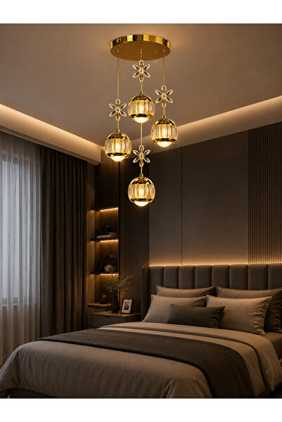 kialed Elara 4’lü LED Sarkıt Avize Gold Renk Modern Kristal Taşlı 3 Renk Işık...