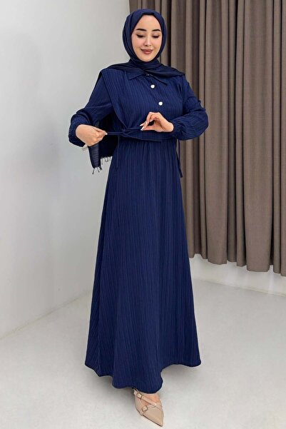 Raneel Kazançlı Alışveriş Women's shirt collar ruched waist dress navy blue