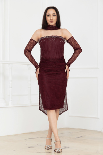 BEYBOS Beaded Strapless Neckline Lace Pencil Dress - Cherry