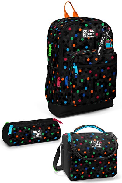 Coral High Kids Siyah Renkli Petek Desenli 3’lü Okul Çanta Seti SET0133210