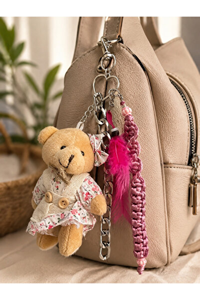 Handmade Pinky Bear Fluff Charm Keychain