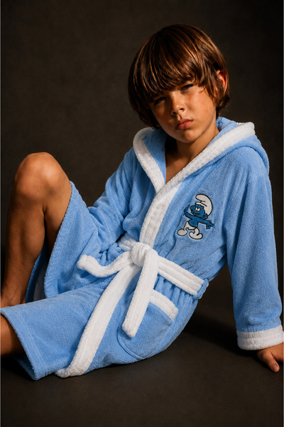 İQON Children's Hooded Bathrobe 100% Cotton – Animals Blue (5 – 6 Years/ 116 cm)