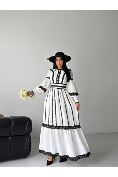 WellWay Imported Pera Linen Fabric & Lace Detailed Pocketed Lined Dress-2623