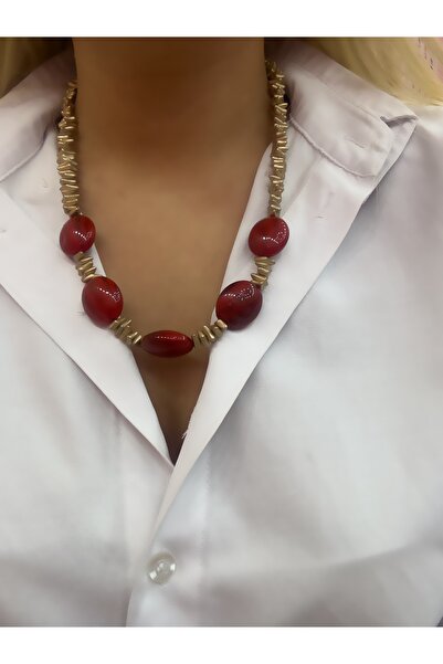 Hicrans Takı Long Design Model Red Gold Bead Necklace
