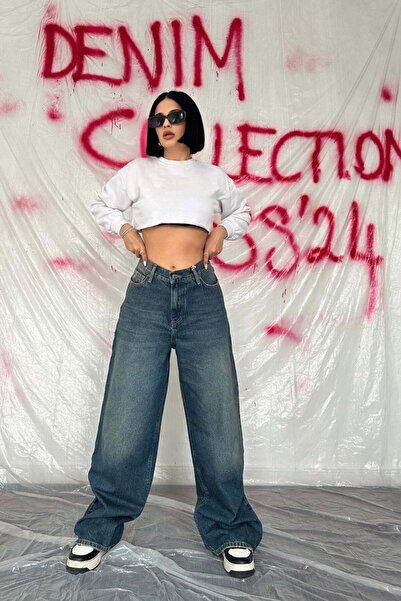 ozelia Navy Blue Wide Leg Jeans Trousers