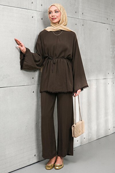 İmajButik Brown Waist-Tie Tunic and Trousers Set