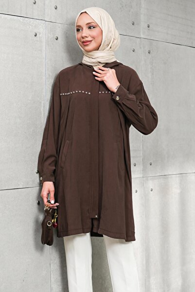 İmajButik Brown Hooded Tunic with Hidden Zipper