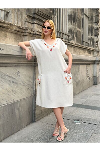 AYASOFYA OTANTIK Women's Beige Embroidery Detailed Linen Midi Dress