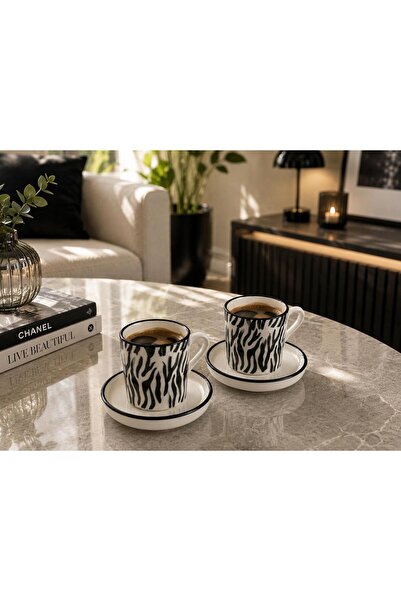LEYA HOME 2'Li Seramik Zebra Desen Türk Kahvesi Fincan Takımı /Siyah Beyaz Ze...
